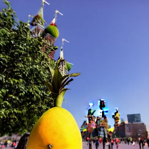 Image similar to photo of giant mango on red square, super wide shot, bokeh