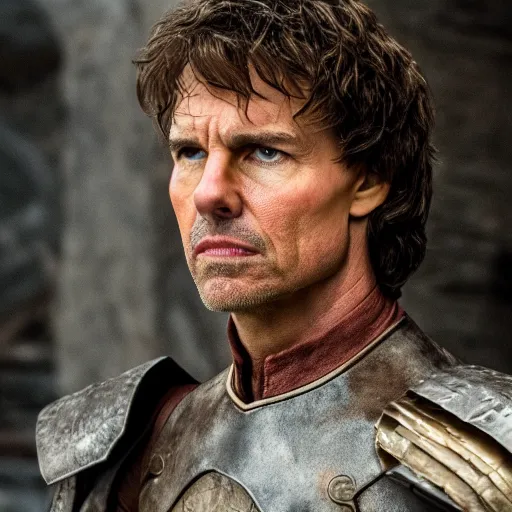 Prompt: Film still of Tom Cruise as Tyrion Lannister. Extremely detailed. Screenshot. 4K. Cinematic lighting.