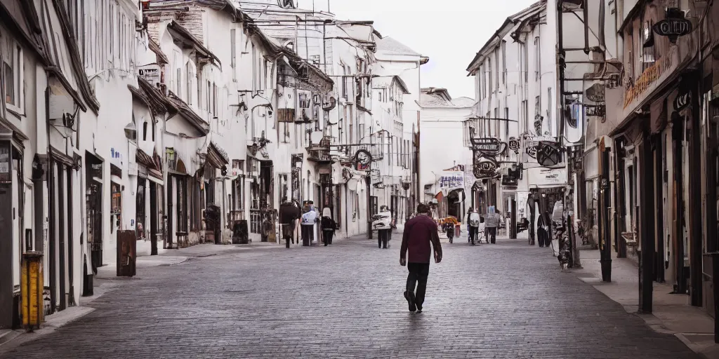 Prompt: a man walking in the town, wide - shot, professional color photograph