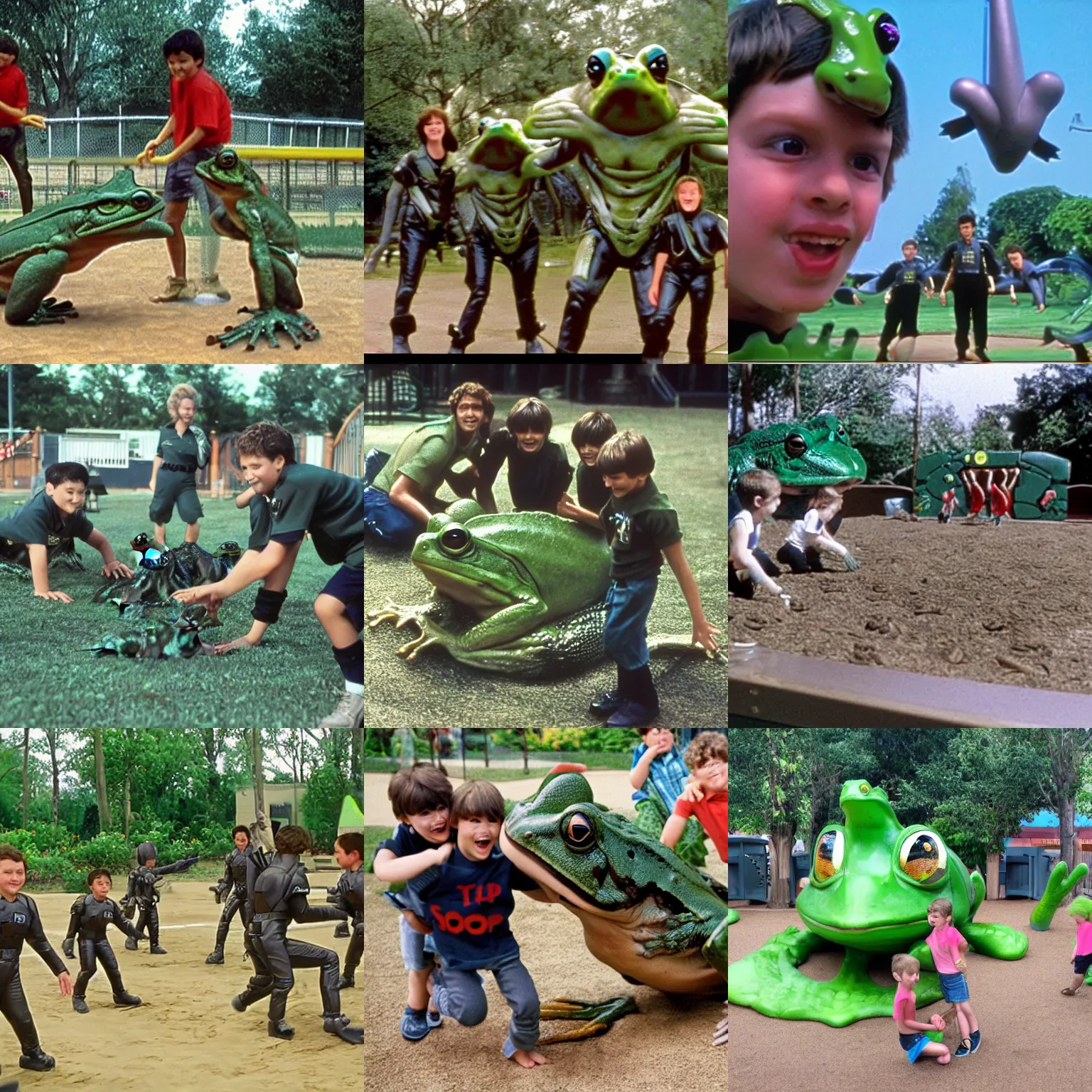 Prompt: starship troopers play in the playground with giant killer frogs