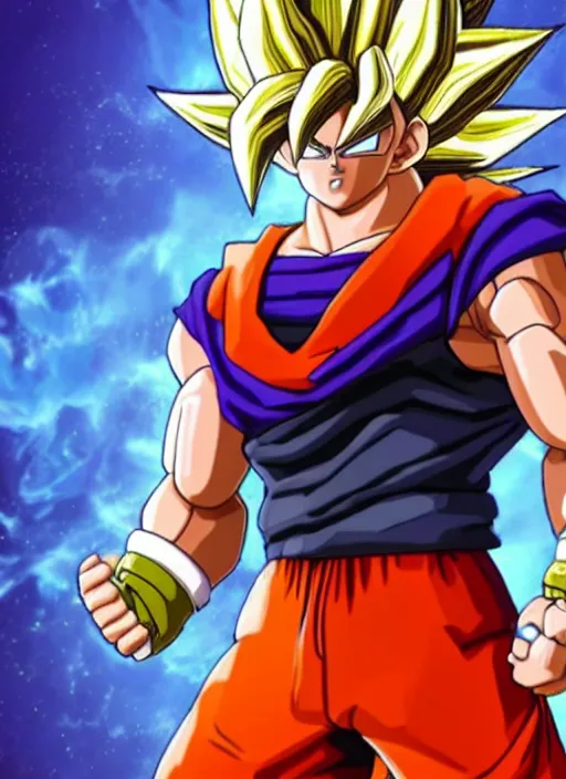 Image similar to game still of a sayan goku as a fortnite skin in fortnite by fortnite, pose.