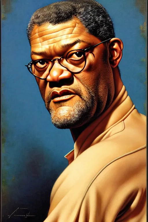 Image similar to laurence fishburne by gil elvgren and norman rockwell and rob gonsalves and hajime sorayama, hyperrealistic, high detail, ultra detailed, highly detailed face, ruffled fabric