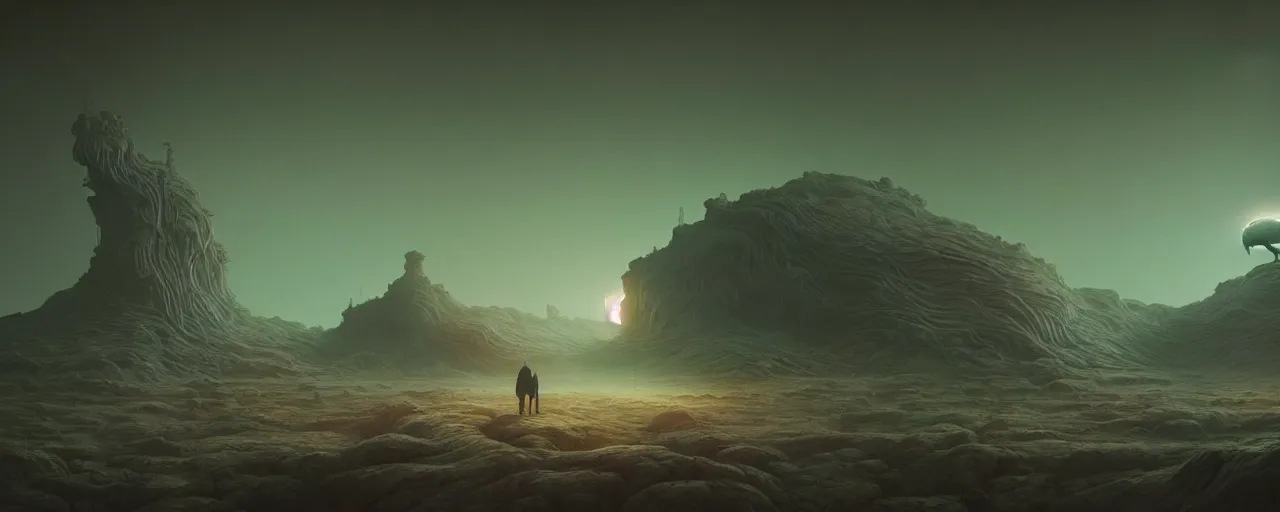 Prompt: ultra realist muted colors horror photo of a dimly lit alien landscape, very intricate details, focus, full frame image, high contrast, cgi render, artwork by tooth wu and wlop and beeple and greg rutkowski, award winning