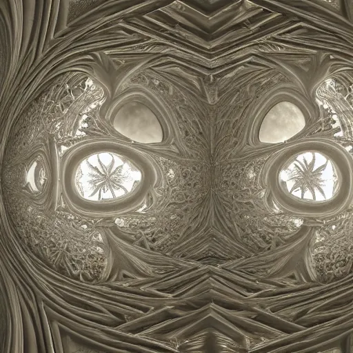 Prompt: a cgi render of a massive sprawling fractal cathedral exterior populated by mandelbrot fractals, unreal engine, carved soap, white, volumetric lighting, hyperrealistic, octane render, glowing, carved marble, opalescent, carved wood, depth of field, sacred geometry, religious, angelic, catholicpunk, photorealism, 8 k, ultra detailed