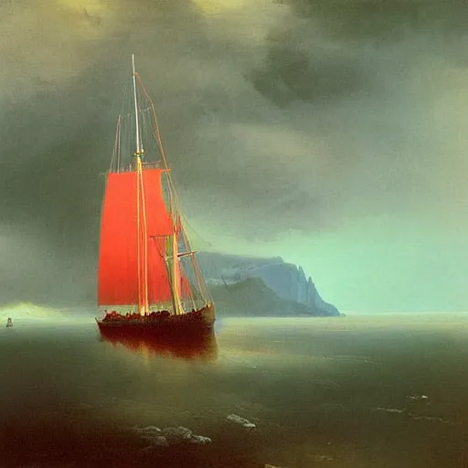 Image similar to minimalist symmetrical red clouds and green ocean in iceland fjord with tall futuristic zaha hadid sailboat painting by ivan aivazovsky