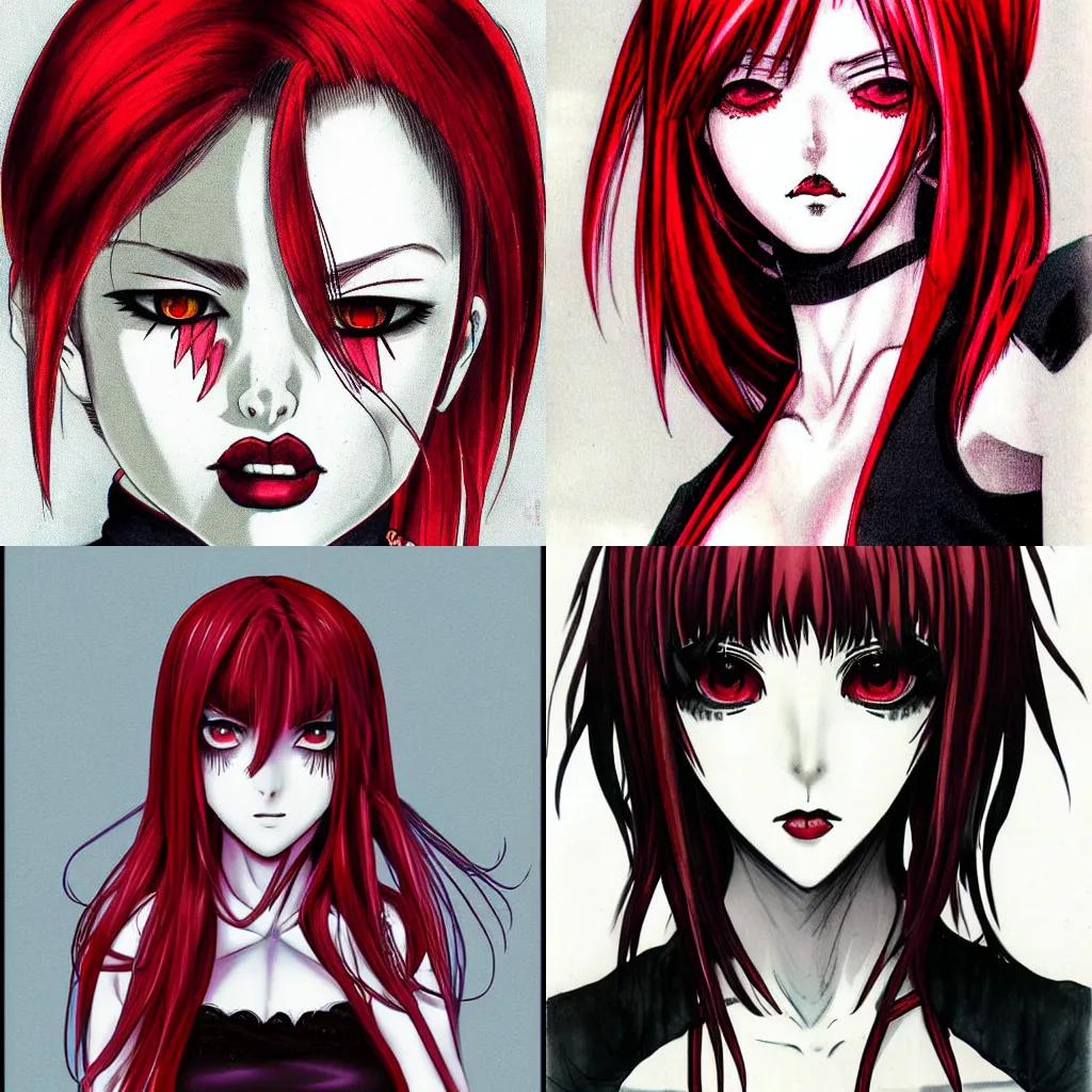 Prompt: highly detailed professional portrait of 9 0 s seinen manga art of goth woman with red hair, black makeup, and red eyes. drawn by