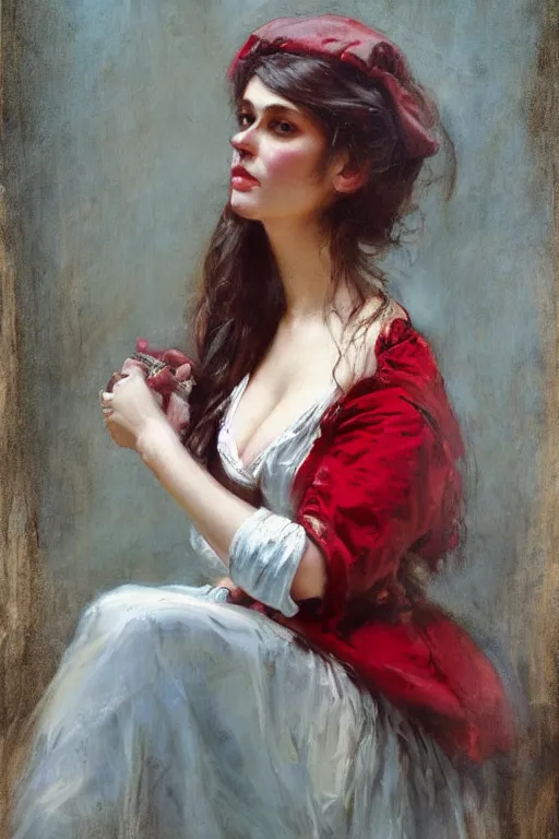 Image similar to Solomon Joseph Solomon and Richard Schmid and Jeremy Lipking victorian genre painting full length portrait painting of a young beautiful woman traditional german french Brigitte Bardot barmaid in fantasy costume, red background