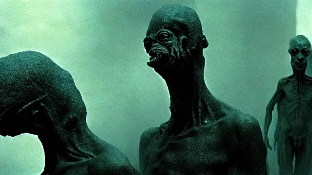 Prompt: the creature from the black city, film still from the movie directed by denis villeneuve and david cronenberg with art direction by salvador dali and zdzisław beksinski, wide lens