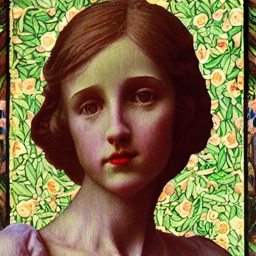 Image similar to close - up of a girl morphing in flowers, film still by wes anderson, depicted by leon battista alberti, limited color palette, very intricate, art nouveau, highly detailed, lights by hopper, soft pastel colors, minimalist