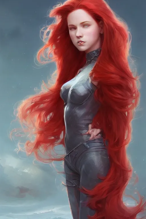 Prompt: beautiful cute red haired joyful and playful 1 9 year old maiden standing up, long hair, sci - fi, fantasy, intricate, elegant, digital painting, artstation, concept art, smooth, 8 k frostbite 3 engine, ultra detailed, art by artgerm and greg rutkowski and magali villeneuve
