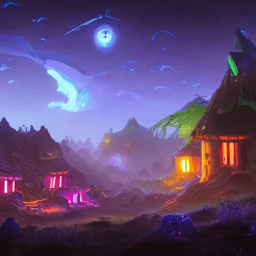 Image similar to concept art painting of a fantasy alien nighttime landscape of houses made of fungus, with glowing blue lights, glowing blue mushrooms, dark purple sky, realistic, detailed, cel shaded, in the style of makoto shinkai and greg rutkowski and albert bierstadt and james gurney