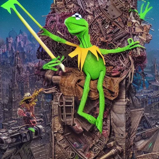 Image similar to Kermit the Frog if he were actually alive by P. Craig Russell and Barry Windsor-Smith, Sesame Street, 8k octane beautifully detailed render, post-processing, extremely hyperdetailed, intricate, epic composition, grim yet sparkling atmosphere, cinematic lighting + masterpiece