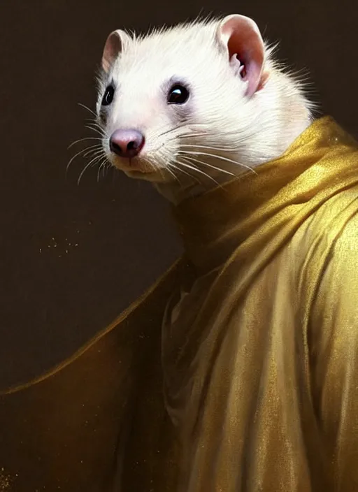 Image similar to a beautiful closeup shot from a fantasy film of a humanoid grey ferret with golden eyes wearing a loose tunic. an anthropomorphic ferret with gold eyes. joseph ducreux, greg rutkowski.