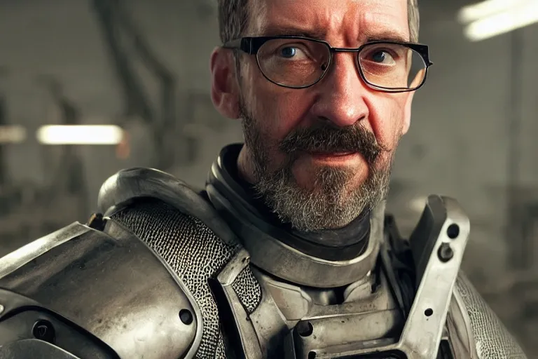 Image similar to vfx movie closeup real life gordon freeman holding wearing futuristic armor, half life logo on chest, crowbar in russian train yard by emmanuel lubezki