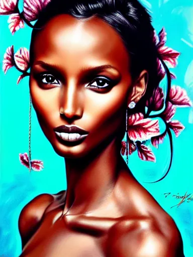 Image similar to portrait of jasmine tookes with a floral background : : painted by artgerm, karol bak, artur bordalo, sandra chevrier : : portrait, character, illustration, hyperrealism, photorealism