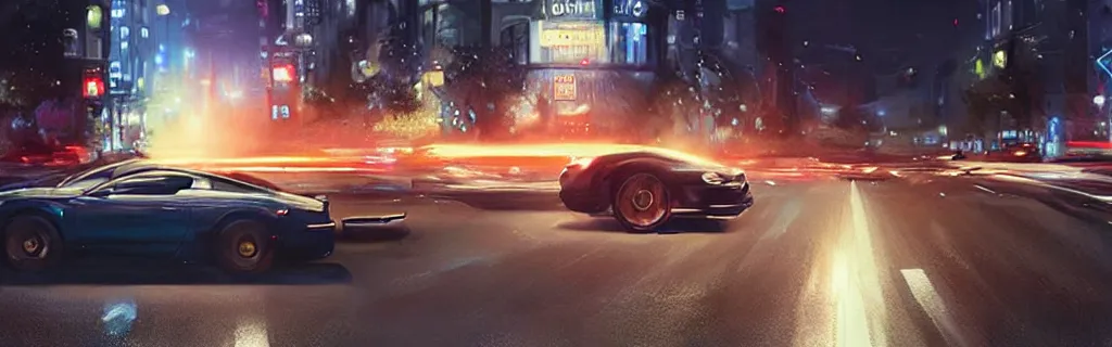 Image similar to a highspeed traffic collision in a street at night. epic cinematic hyperrealism masterpiece. realistic poster with shaded lighting by craig mallismo, artgerm, jeremy lipkin and michael garmash, unreal engine, radiant light, detailed and complex environment, digital art, art station trends, detailed, lens flare, motion blur