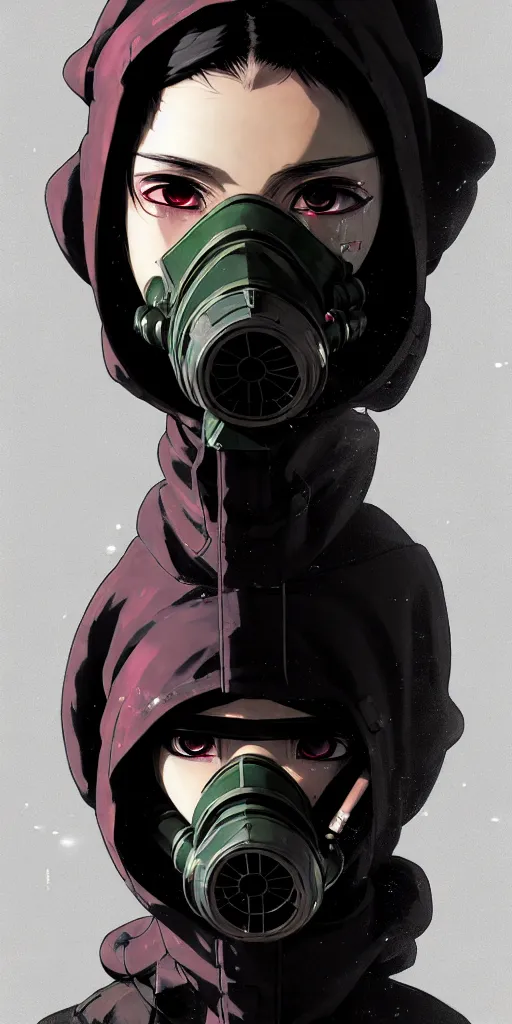 Image similar to cyberpunk anime girl in hoodie, cyberpunk gas mask, 3 / 4 shot, street night, grafity, beautiful face, grafity, arcane, action, tokyo street, detail, good face, pose model, concept art, in style of yoji shinkawa, pan ren wei, col price, atey ghailan, by greg rutkowski, aesthetic