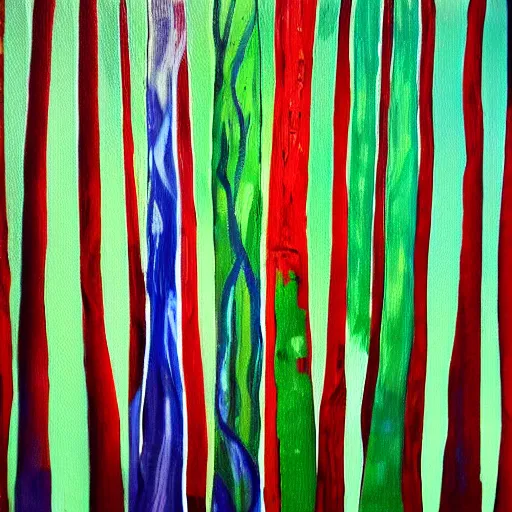 Image similar to paint drip of a forest with green, blue, red tree trunks. acrylic of canvas, impressionist painting