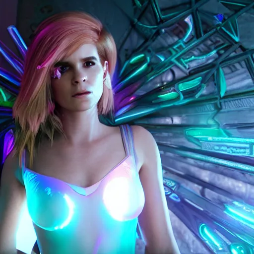 Image similar to neon fluorescent, iridescent kate mara with fairy wings cyperpunk 2 0 7 7, unreal engine 5, 8 k ultra life like, photo realistic, hyperdetailed, volumetric lighting, extremely high quality