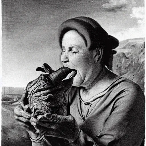 Prompt: a surrealist image of an old woman swallowing a whole goat