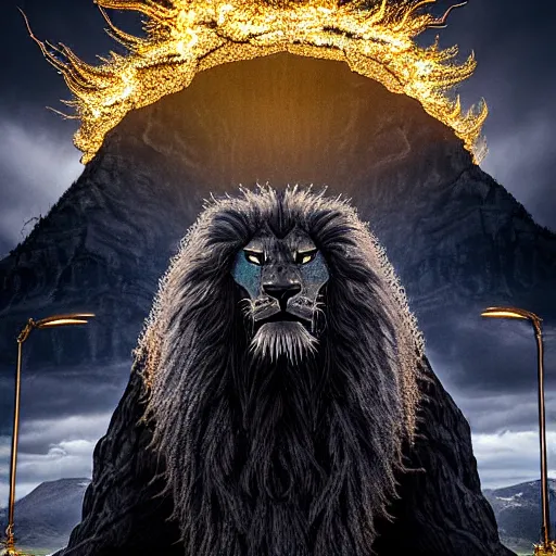 Prompt: black lion's god looking at camera with fur made from gold lightnings surrounded by epic ancient huge forest and mountains, colossal scale, cinematic shot, hyperdetails, dramatic lighting, by Evgeniy Antonenkov and James Jean