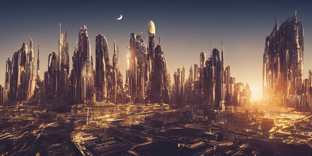 Image similar to human futuristic city, highly detailed,, beautiful architecture contemporary style, si - fi, golden hour light, two moon on the sky, 8 k, sharp focus, cinematic