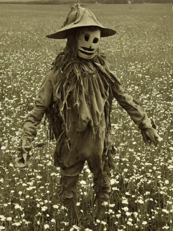 Image similar to human-like scarecrow wearing torn military clothes in beautiful meadow of flowers, ww1 photo, grainy, high detail, high resolution,