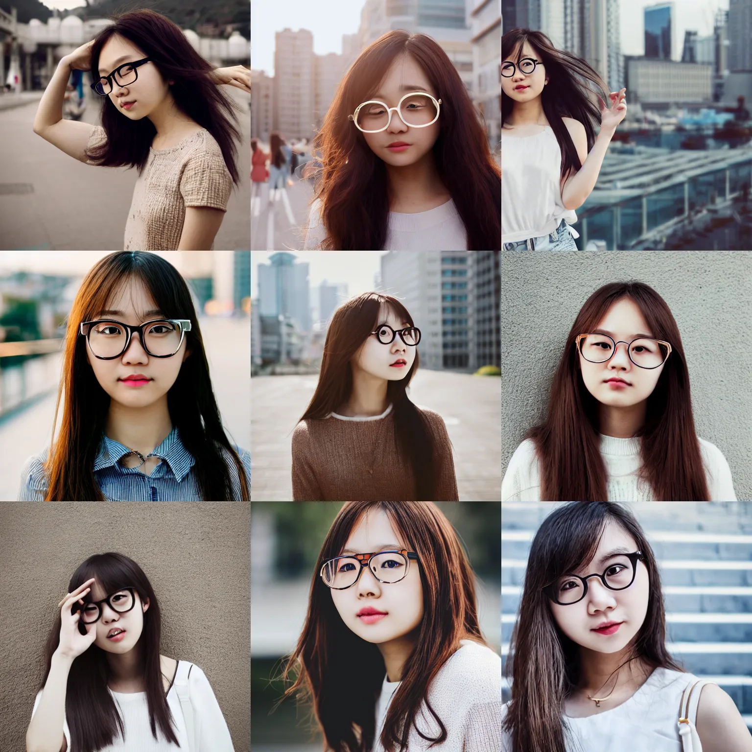 Prompt: portrait, award - winning, cute, adorable, short, brown colored long hair, wearing round glasses and trendy white clothing, korean girl, city background, bokeh, sunny day, intricate, highly detailed face and hand, 8 k