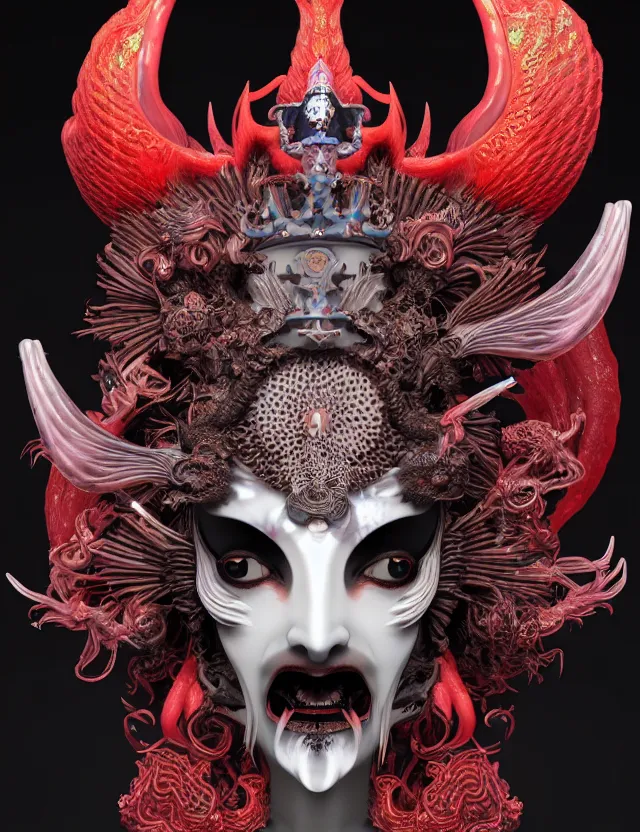 Image similar to 3 d goddess close - up profile satan biohazard portrait with crown, ram skull. beautiful intricately detailed japanese crow kitsune mask and clasical japanese kimono. betta fish, jellyfish phoenix, bio luminescent, plasma, ice, water, wind, creature, artwork by tooth wu and wlop and beeple and greg rutkowski