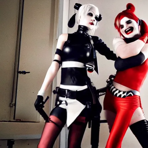 Prompt: 2B and A2 as Harley Quinn, Cinematography by Roger Deakins