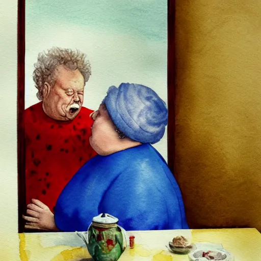 Image similar to a very funny comic style watercolor painting of a sweet fat old woman kissing her reflection. symmetrical face, red mouth, blue eyes. a flowered dress. a hyper - realistic scene. 3 d, octane processing, deep focus, white scene. a very funny and sweet picture. unreal engine. watercolor. fellini cinematic style. poster quality. freud painting style.