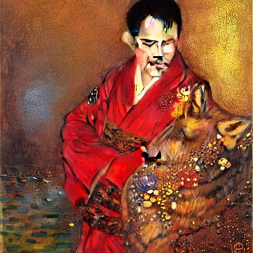 Image similar to a portrait of a male wolf in a red kimono in the sewers. furaffinity furry art detailed face painting by gaston bussiere craig mullins jc leyendecker gustav klimt artgerm greg rutkowski furry