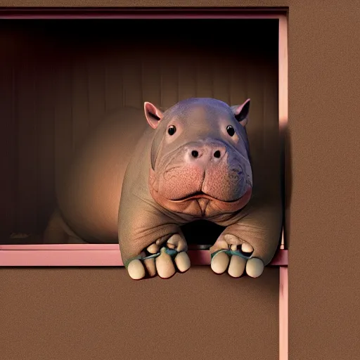 Image similar to a baby hippo lives in a cozy house. it likes to sit on the sofar and watch tv. digital art. 3 d render, photorealistic, hyper realistic, imax 7 0 mm, ue 5, octane.