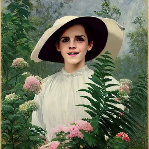 Image similar to thick paint brush strokes full body fashion model smiling emma watson by Jeremy Lipking by Hasui Kawase by Richard Schmid (((smokey eyes makeup eye shadow fantasy, glow, shimmer as victorian woman in a long white frilly lace dress and a large white hat having tea in a sunroom filled with flowers, roses and lush fern flowers ,intricate, night, highly detailed, dramatic lighting))) , high quality