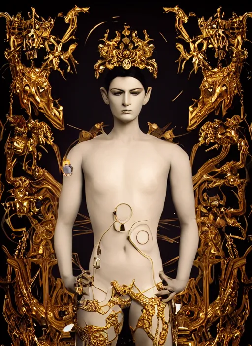 Image similar to baroque and cyberpunk style full-body sculpture of a young seductive Hispanic prince half android with a chest exposing a glowing ruby battery with porcelain arms posed like a model, glowing gold laser eyes, crown of white gears and sparkling diamonds, swirling white-colored silk fabric, robot dinosaurs. modern elements. reflective surfaces. intricate artwork by caravaggio. art by Artgerm and Alphonse Mucha, Trending on artstation, cinematic industrial lighting, photorealistic, octane render, 8k, depth of field, 3D
