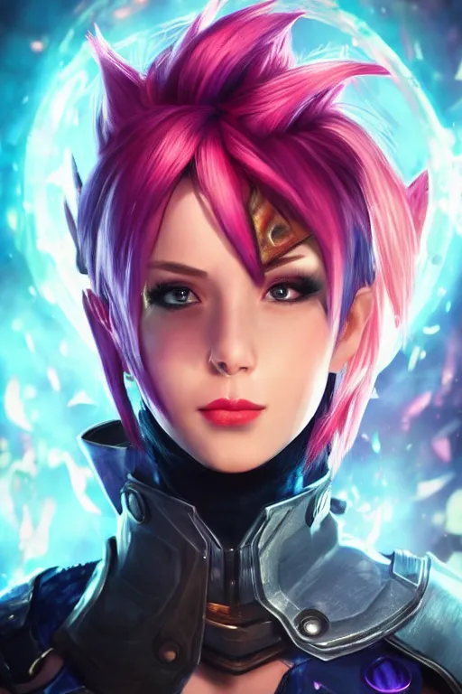 Image similar to ultra realistic facial portrait of vi from league of legends, digital art, character portrait, highly detailed, trending on artstation, lens flare, atmosphere, hyper realistic, cinematic lightning, sharp focus, unreal engine 5, extreme details perfect face, pretty face, fine - face, illustration, 8 k, ultra texture, masterpiece