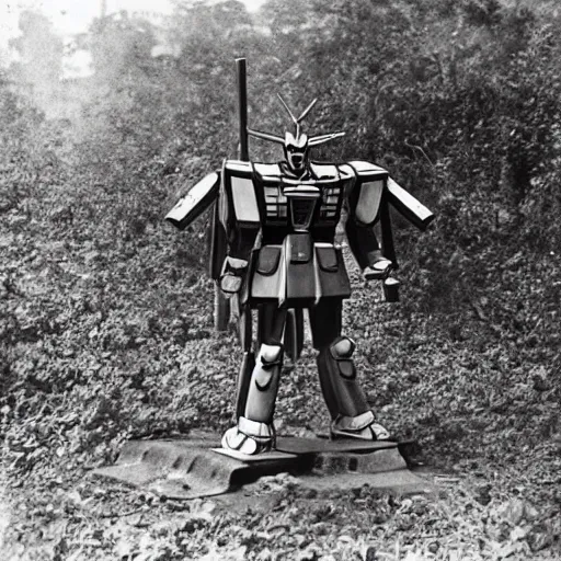 Image similar to a 1900s photo of a gundam found abandoned in a cambodian forest,