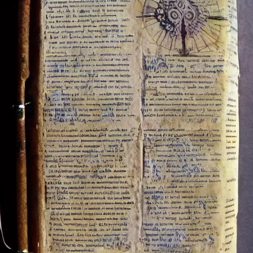 Prompt: pages from the grail diary, antique worn book, clues, ink, torn, intricate pen work,