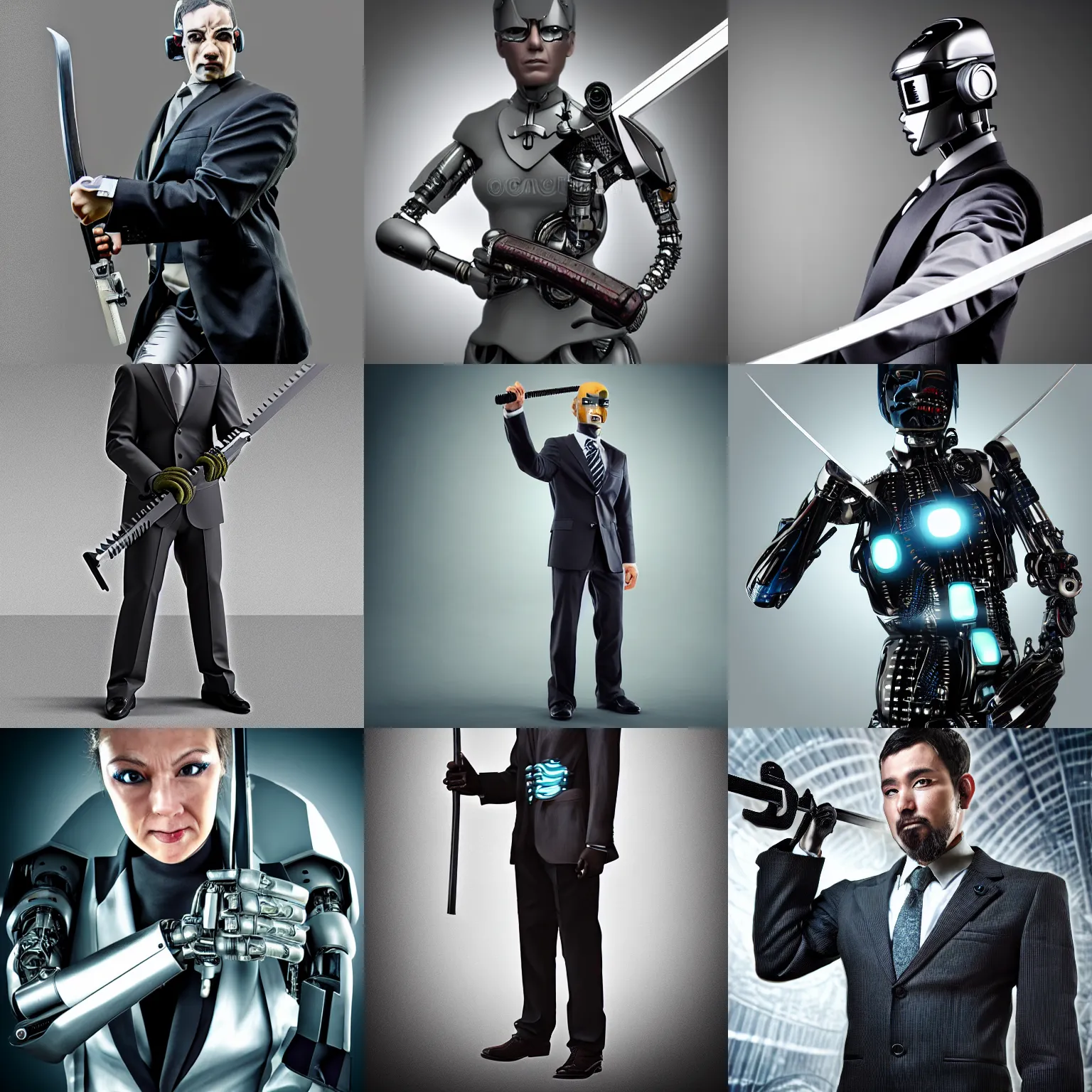 Prompt: portrait of sci - fi cyborg in business suit, holding katana, highly detailed, ultra realistic, photography