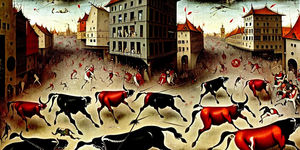 Image similar to the running of the bulls in pamplona, hundreds of people are fleeing from rampaging bulls in the city streets, art by hieronymus bosch, intricate, elegant, highly detailed, smooth, sharp focus, artstation