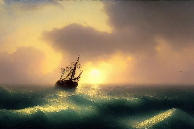 Image similar to Ghost ship in the stormy sea, sunset, by Aivazovsky, trending on artstation, bright sunny day, 8k, sharp high quality,