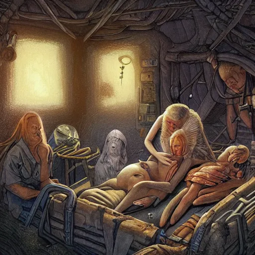 Image similar to primitive extraterrestrial villagers caring for weak and severely injured butch blond woman at bedside, inside primitive hut, dramatic lighting, illustration, ron cobb, mike mignogna, science fiction, detailed painting, high detail, coherent, rough paper