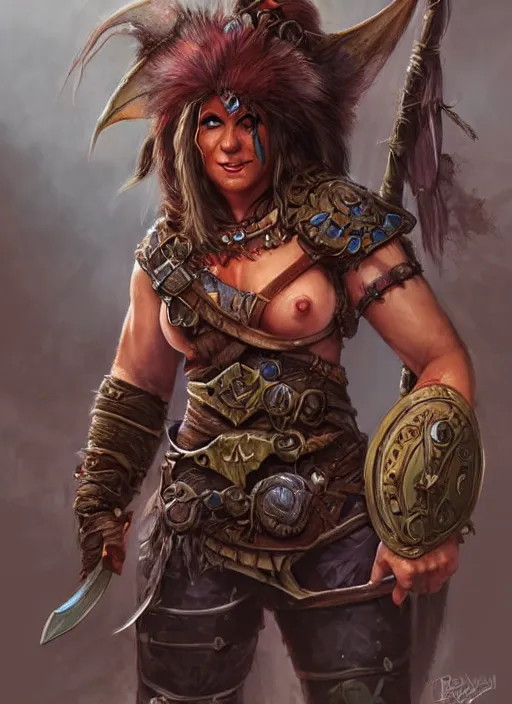 Image similar to female orc barbarian, ultra detailed fantasy, dndbeyond, bright, colourful, realistic, dnd character portrait, full body, pathfinder, pinterest, art by ralph horsley, dnd, rpg, lotr game design fanart by concept art, behance hd, artstation, deviantart, hdr render in unreal engine 5