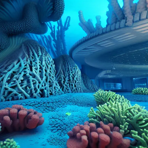 Image similar to inside a magtical underwater coral reef city, extremely detailed, 8k, HDR, award-winning, octane render, trending on artstation, volumetric lighting