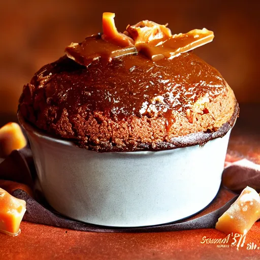 Image similar to a caramel toffee soufflé, cooked by a professional chef named santonio