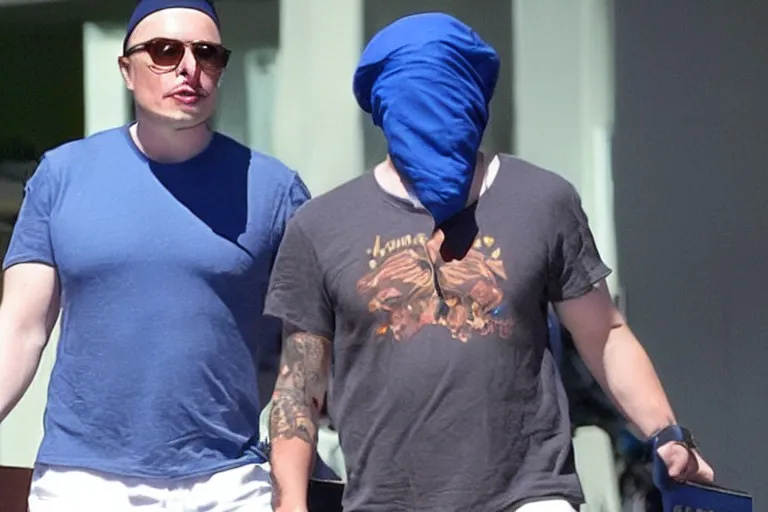 Prompt: elon musk as a dangerous gang member, wearing a blue head covering made from a polyester material and a stained white tank top, paparazzi, leaked footage, uncomfortable, bad quality