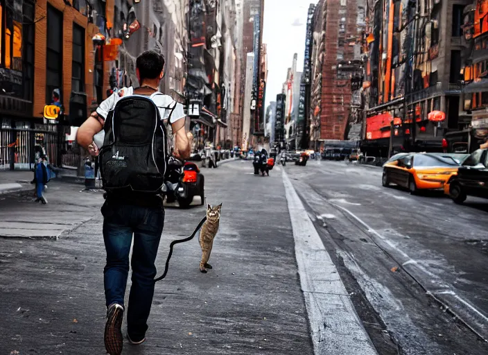 Image similar to photography of a Cat being carried in an half open backpack . in a new york street. award winning photo, led lighting, night, 130mm, sharp, high res