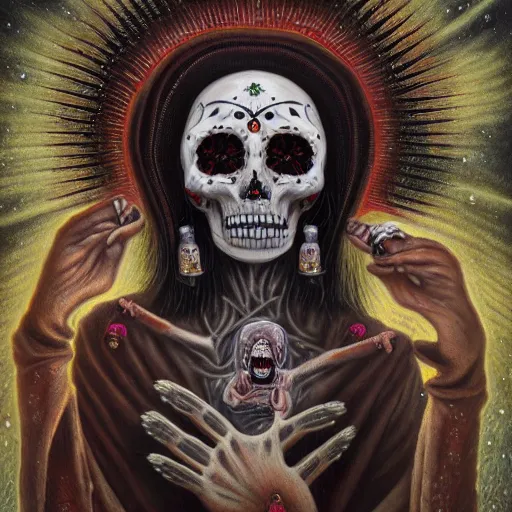 Prompt: santa muerte being awakened by a mexican death cult through a ritual, by anton semenov and amanda sage and guillermo del torro in a surreal dark horror style, oil on canvas, 8k, hd,