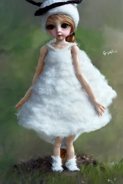 Prompt: cute doll like big eyed tiny girl doll with white dress and fuzzy hat by greg rutkowski