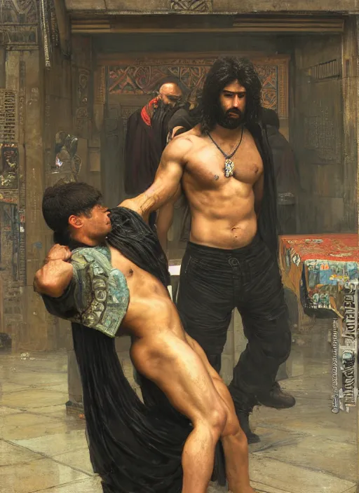 Image similar to big mike. cyberpunk meathead getting punched. (Cyberpunk 2077, bladerunner 2049). Iranian orientalist portrait by john william waterhouse and Edwin Longsden Long and Theodore Ralli and Nasreddine Dinet, oil on canvas. Cinematic, hyper realism, realistic proportions, dramatic lighting, high detail 4k